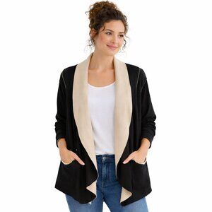 One World Cardigan Open Front Waterfall Oversized Cozy Fuzzy Knit Black Cream M